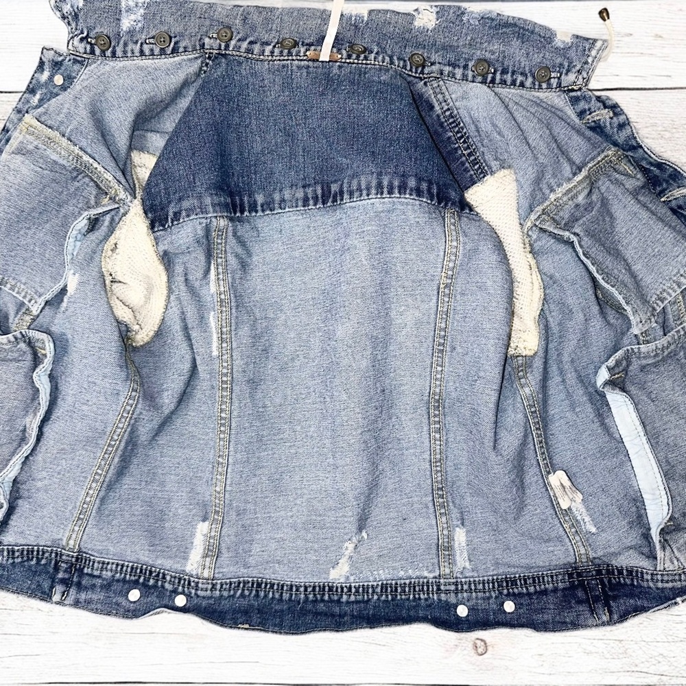 Free People Women’s Indie Wash Combo Knit Hooded 100% Cotton Denim Jacket ~ S/P - Picture 6 of 10